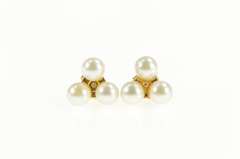14K Yellow Gold Pearl Clover Shamrock Retro Cluster Stud Earrings