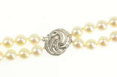 14K White Gold 1940's Two Strand Pearl Diamond Clasp Necklace