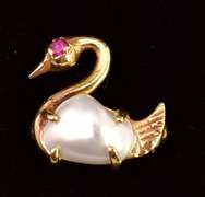 Fabulous Pearl and Ruby Swan Pin in 14K Yellow Gold
