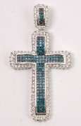 Dazzling Blue and White Diamond Cross Pendant in 18K White Gold