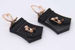 Antique Black Onyx Seed Pearl Drop Dangle Earrings in Yellow Gold