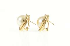 14K Yellow Gold Retro Pearl Diamond Accent Twist Clip Back Earrings