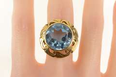 14K Yellow Gold 1930's Massive Blue Topaz Ornate Etched Halo Ring