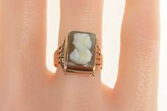14K Yellow Gold Ornate Carved Coral Shell Cameo Statement Ring