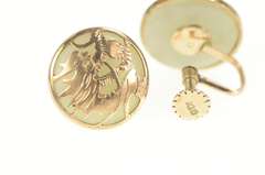 10K Yellow Gold Ornate Chinese Dragon Jade Screw Back Earrings