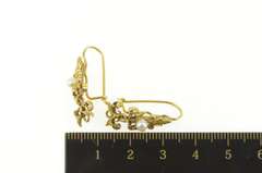 14K Yellow Gold Pearl Ornate Scroll Dangle Retro Statement Earrings