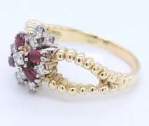 Handsome Yellow Gold Marquise Ruby and Diamond Cluster Split Shank Ring