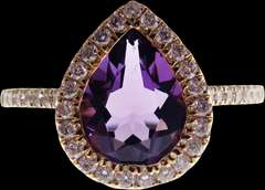 Intoxicating Violet Teardrop Amethyst 18k Gold Ring edged with Diamonds