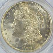 Nearly Gem BU 1921 Morgan Silver Dollar. PCGS MS64