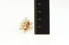 14K Yellow Gold Ruby Pearl Halo Cluster Statement Cocktail Ring