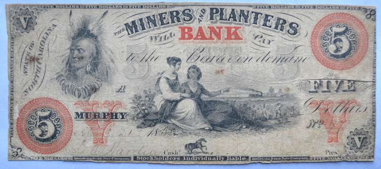 $ 5 Miners & Planters Bank Murphy S.C 1850-60sNote