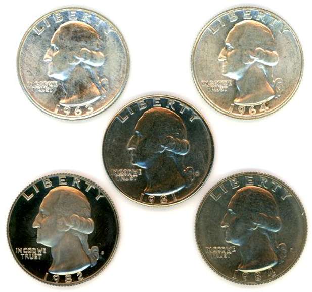 5 Different High Grade Washington Quarters: 1963-1982-S