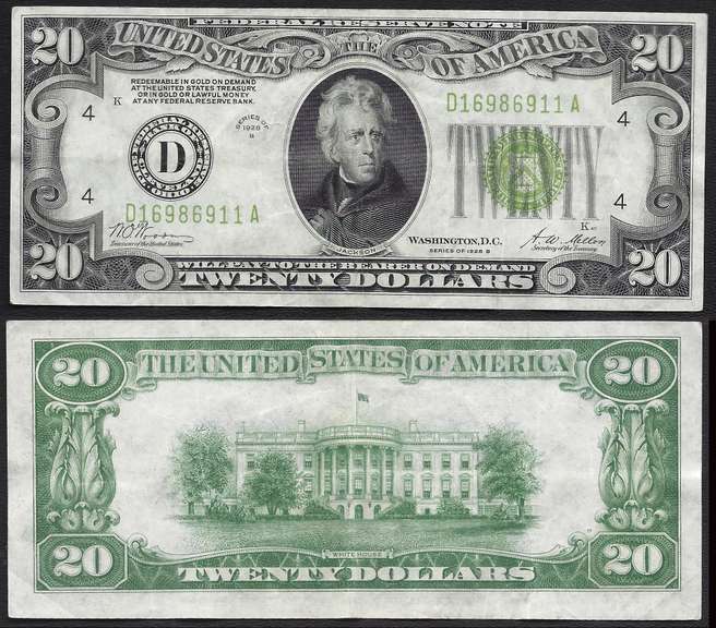 $20 1928-B FRN LGS beautiful. lightly Circulated