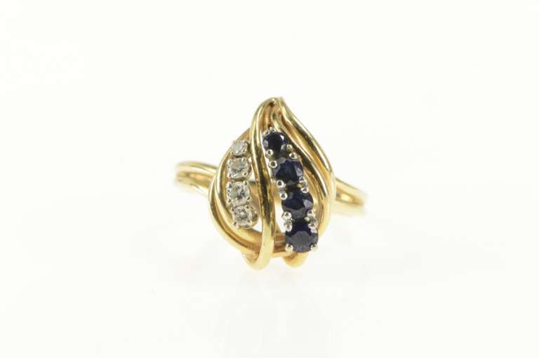 14K Yellow Gold Retro 1950's Sapphire Diamond Leaf Statement Ring
