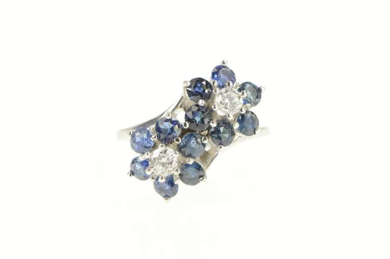14K White Gold 1.96 Ctw Diamond Sapphire Flower Cluster Ring