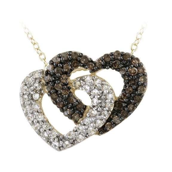 18K Gold over Sterling Silver 2/5ct Champagne Diamond & White Topaz Interlocking Hearts Necklace