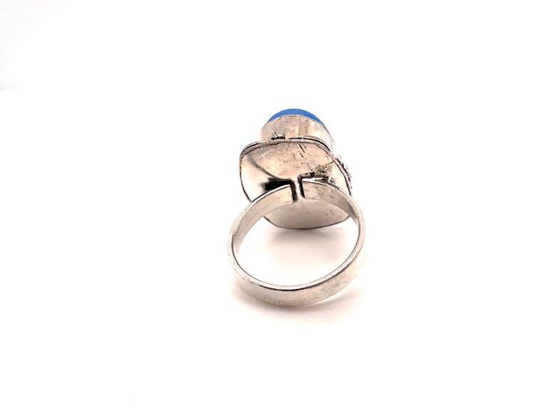 Oval Cut Blue Stone Ring in Tibetan Silver Floral Energy Ring
