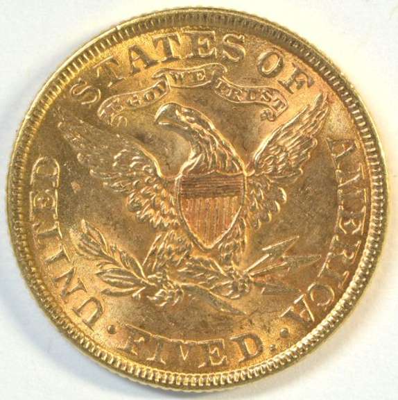 Real flashy BU 1899 US $5 Liberty Gold Piece. Full strike