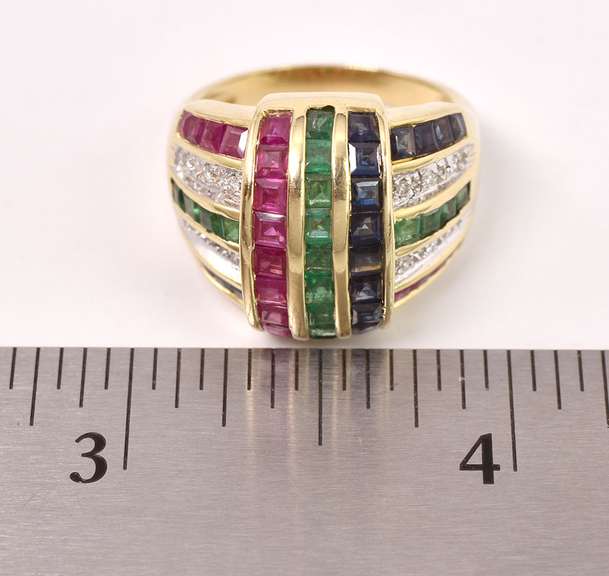 Gorgeous Diamond, Emerald, Ruby, and Sapphire Ring in 14K Yellow Gold