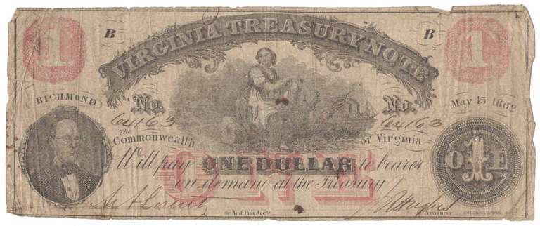 1862 $1 RED Virginia US Treasury Note Large Size Currency