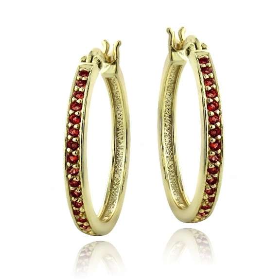 Gold Tone over Sterling Silver 1ct Garnet 25mm Round Hoop Earrings