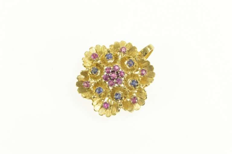 14K Yellow Gold 1960's Sapphire Ruby Flower Cluster Statement Pendant