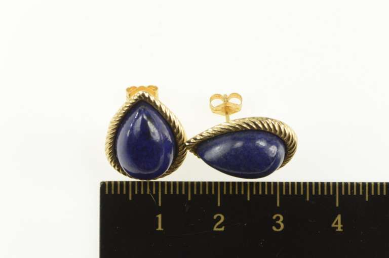 14K Yellow Gold Pear Lapis Lazuli Cabochon Retro Stud Earrings