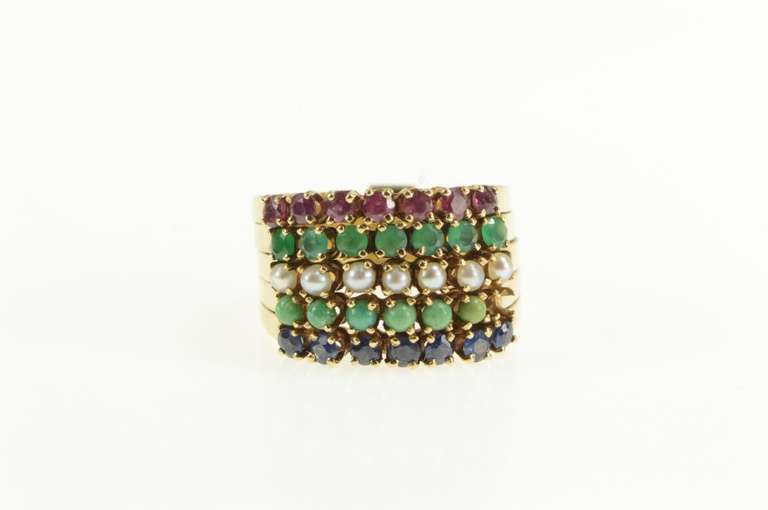 14K Yellow Gold 1960's Layered Emerald Ruby Sapphire Band Ring