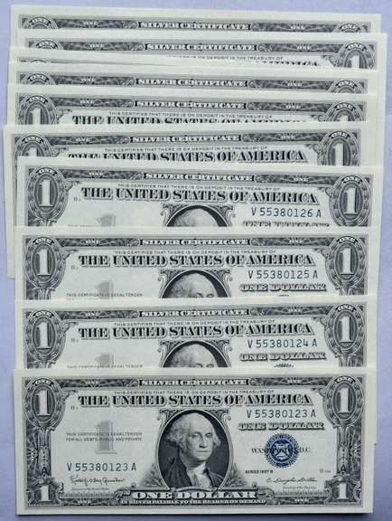 10 Consecutive CH CU 1957 B $1 Silver Certificates.