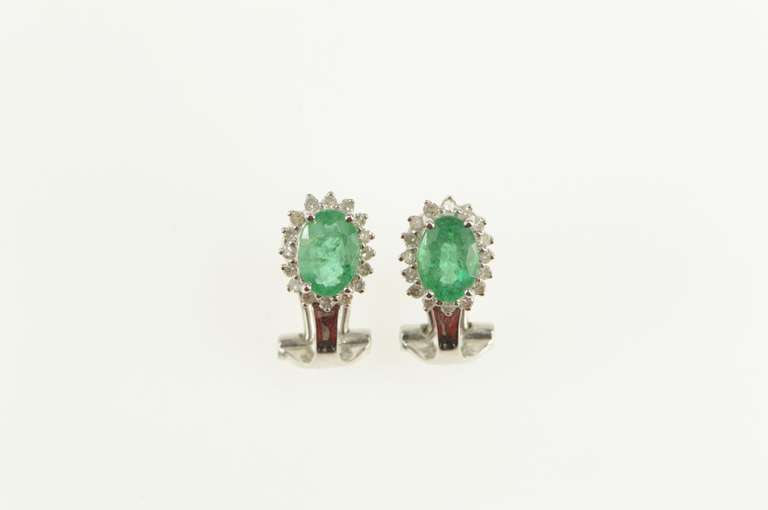 14K White Gold 2.00 Ctw Natural Emerald Diamond Halo Earrings