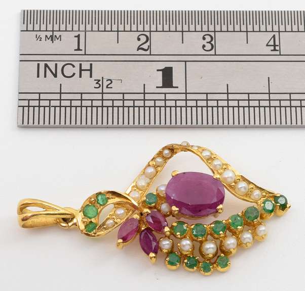 Feminine 22k Ruby, Emerald, 7 Pearl Pendant