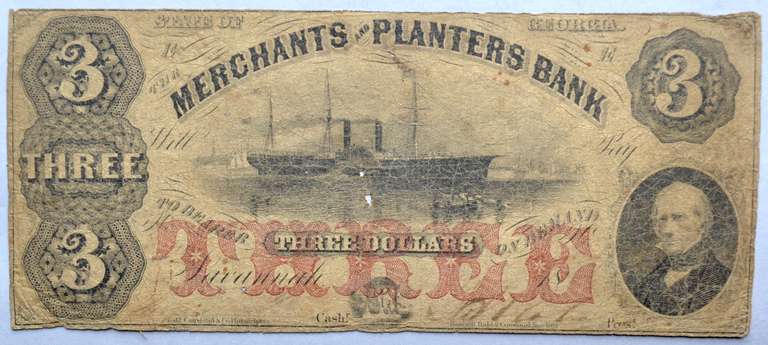 $3 Merchants & Planters Bank 1850 Era Note.