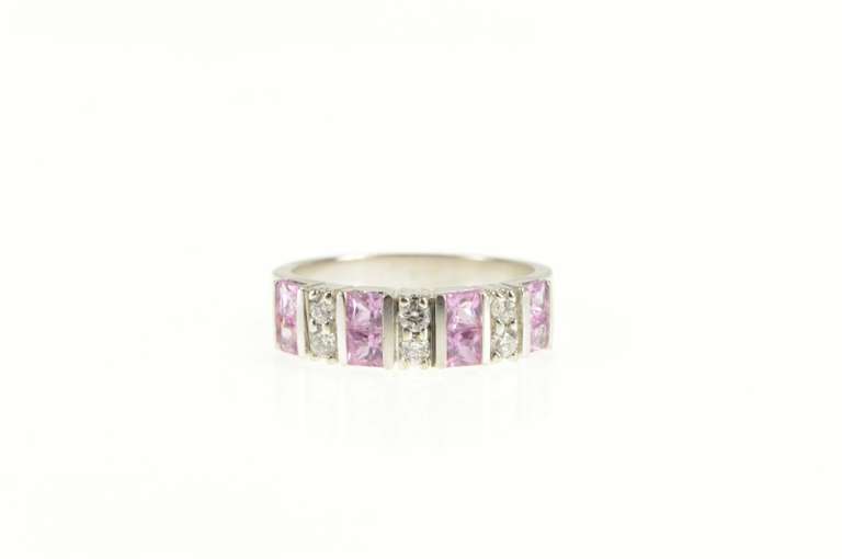 14K White Gold Princess Pink Topaz Diamond Accent Band Ring