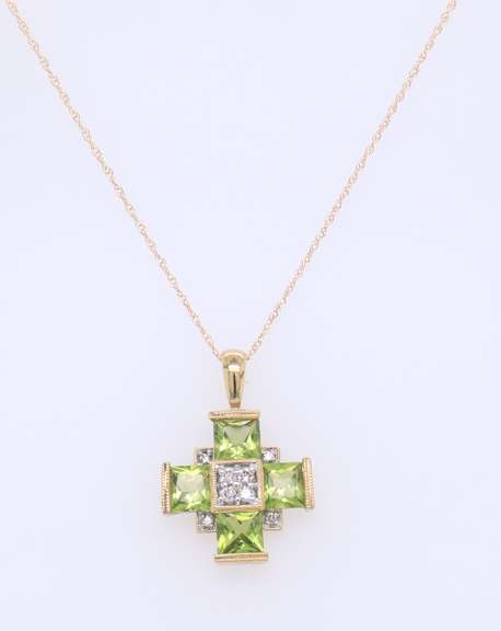 Charming Yellow Gold Peridot and Diamond Cross Pendant on Chain