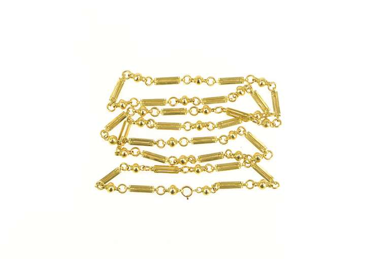 9K Yellow Gold Ornate Squared Bar Ball Link Opera Chain Necklace