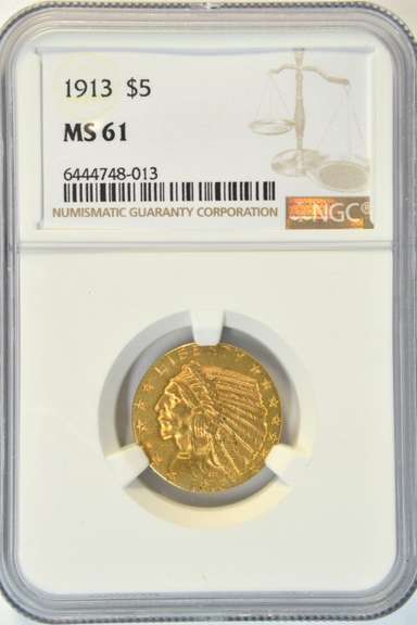 Solid BU 1913 US $5 Indian Gold Piece. NGC MS61