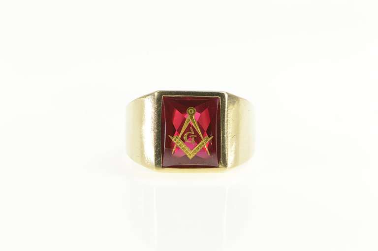 10K Yellow Gold Etched Masonic Compass Square Syn. Ruby Ring