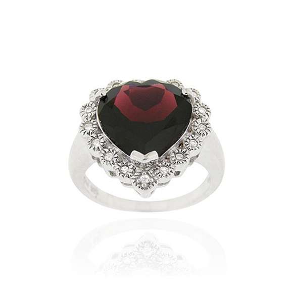 Sterling Silver 6ct. Garnet & CZ Heart Ring Size 10