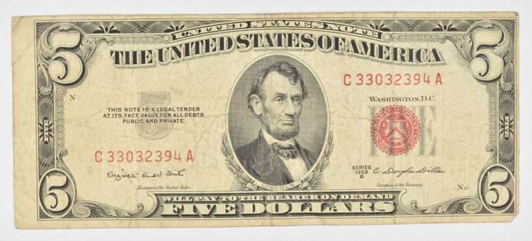 1953-B $5 United States Legal Tender Note - Red Seal - Off Center