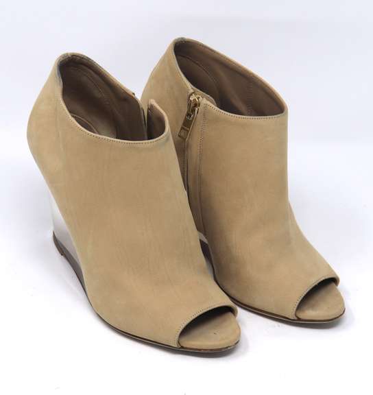 Burberry Beige Leather Reyardson Wedge Peep Tote Booties