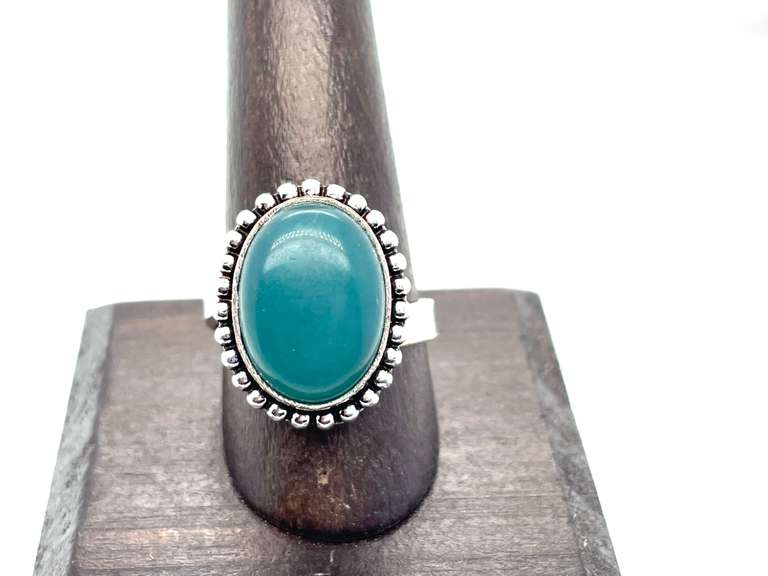 Precious Green Oval Onyx in Tibet Silver Beaded Design Ring