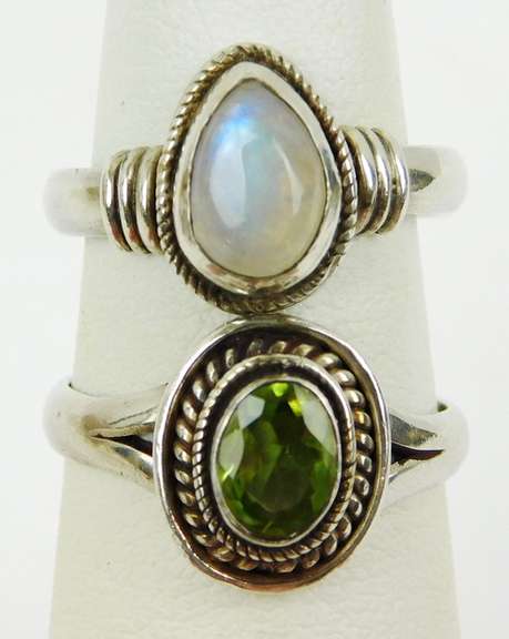 2 Sterling Rings, Peridot & Moonstone