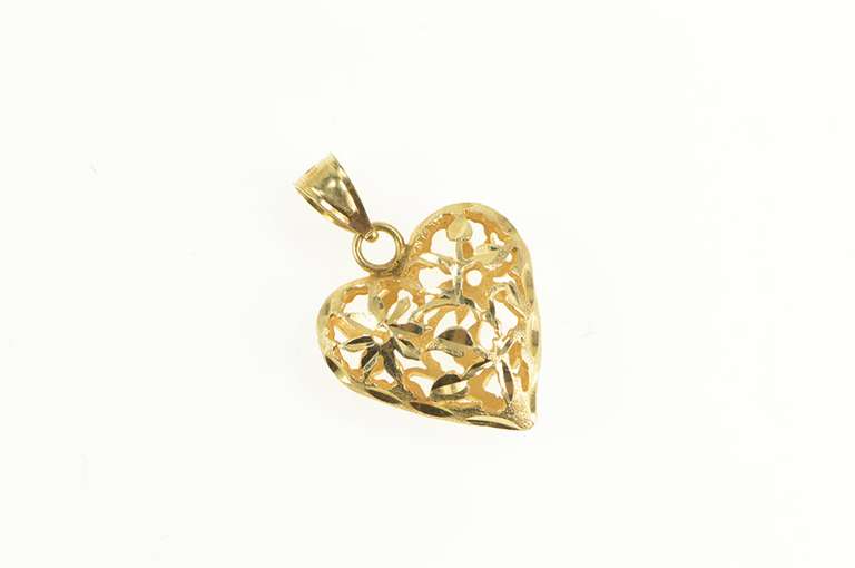 14K Yellow Gold Heart Vine Flower Filigree Love Symbol Pendant