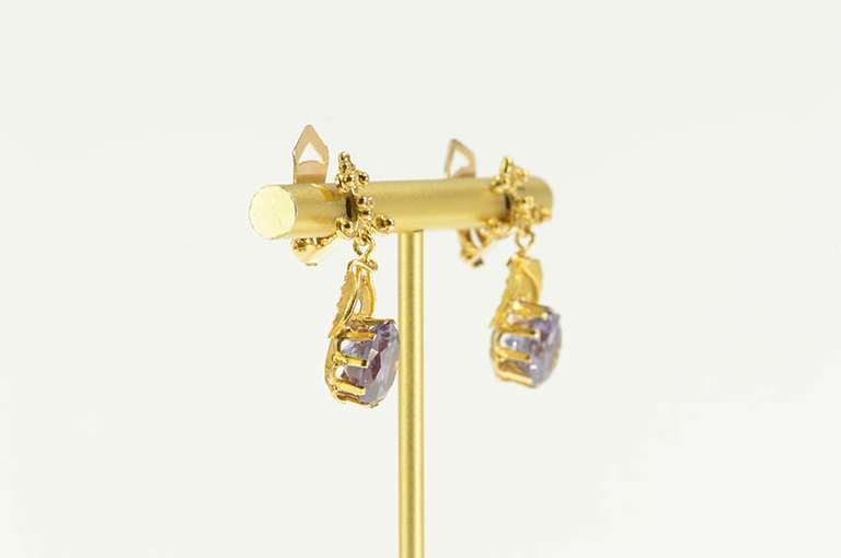 14K Yellow Gold Victorian Amethyst Leaf Dangle Clip Back Earrings