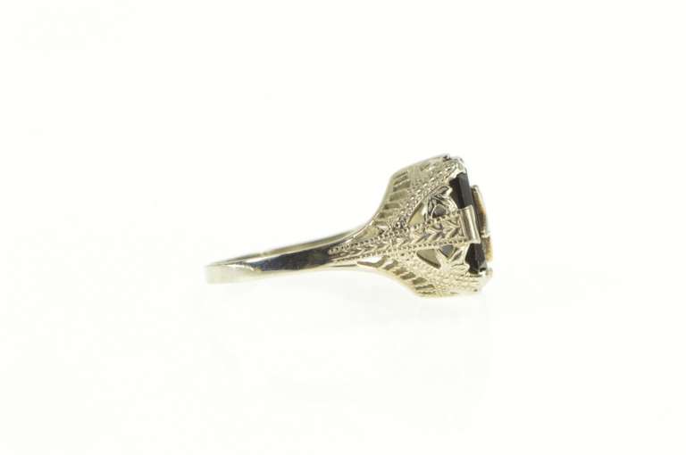 14K White Gold Onyx Enamel Order of the Eastern Star Filigree Ring