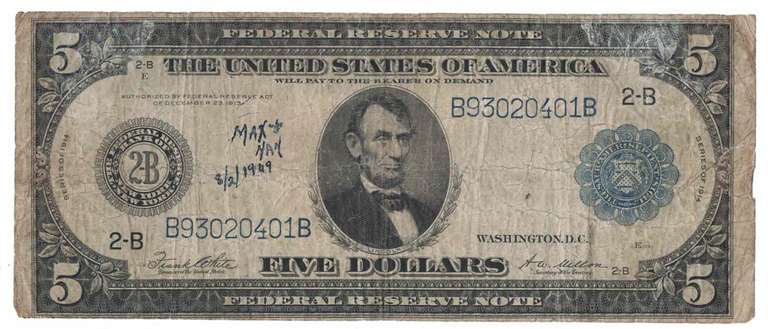 1914 $5 Five Dollar Blue Seal Lincoln Bank Note US Bill