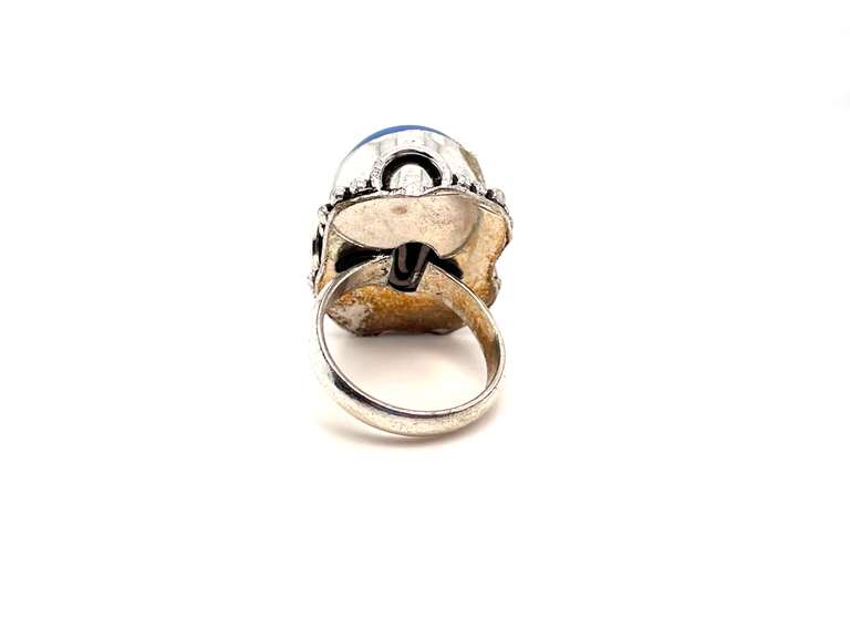Oval Cut Blue Stone Ring in Tibetan Silver Floral Energy Ring