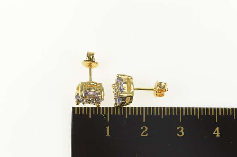 14K Yellow Gold Diamond Tanzanite Round Cluster Stud Earrings