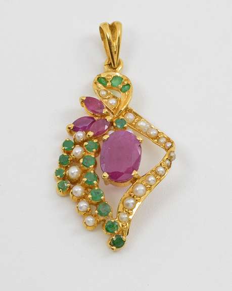 Feminine 22k Ruby, Emerald, 7 Pearl Pendant