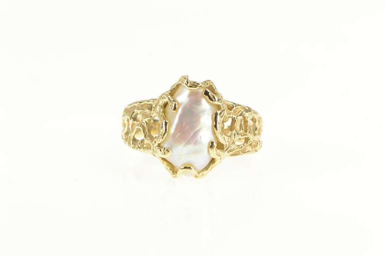 14K Yellow Gold Ornate Blister Pearl Vine Abstract Statement Ring